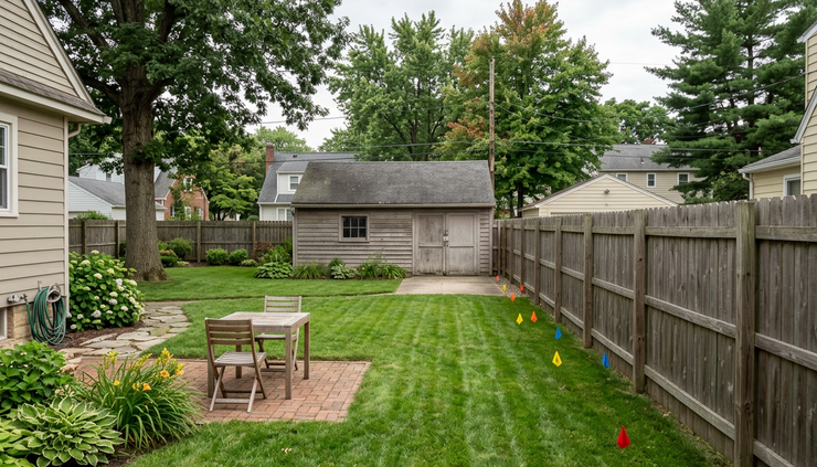 Wide-angle view of an Ohio backyard with utility flags near a fence line
