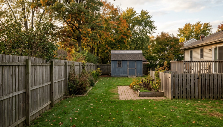 Eye-level view of a wooden fence beside a residential yard in Ohio