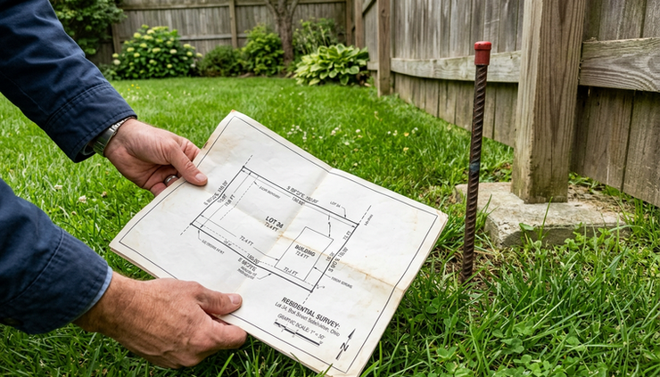 Close-up view of a paper property survey held above grass near a fence