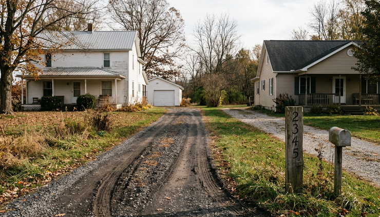 Close-up view of a gravel driveway crossing between two rural Ohio homes