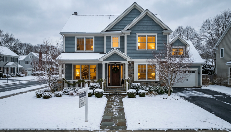 Wide-angle view of a snow-dusted home with a for-sale sign near the walkway.
