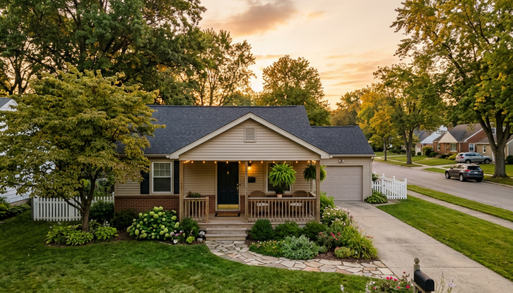 Wide-angle view of a modest family home at sunrise with a quiet front porch and mature trees