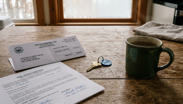 Close-up view of a kitchen table with a house key, tax bill, and signed property papers.
