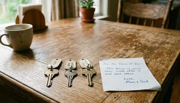 Eye-level view of three separate house keys resting on a wooden kitchen table beside a handwritten family note